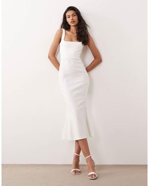 Vesper Bengaline Sleeveless Square Neck Fishtail Midi Dress - Natural