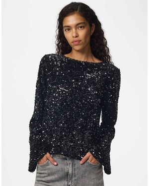 Pieces Top Con Paillettes Vestibilità Comoda, Girocollo, A Maniche Lunghe - Blu