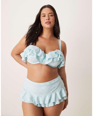 ASOS Asos Design Curve Bobbi Broderie Frill High Waist Bikini Bottom - Blue
