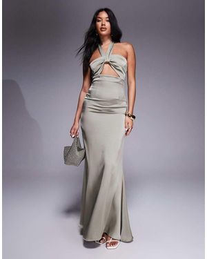 Aria Cove Satin Halterneck Knot Front Cut-out Detail Maxi Dress - Grey
