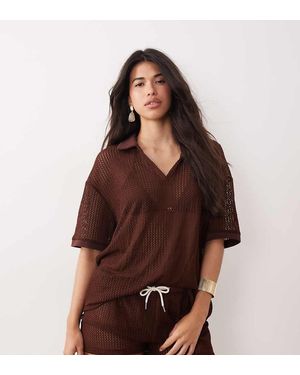 Kaiia Exclusive Crochet Collar Detail Oversized Polo Top Co-ord - Brown