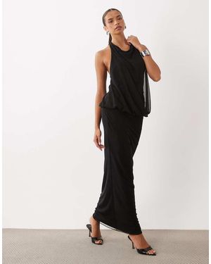 Missy Empire Vestido Maxi Con Superposición De Malla, Drapeado Delantero Y Cuello Halter - Negro