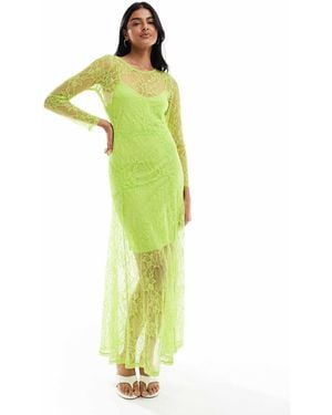 Object Long Sleeve Sheer Lace Maxi Dress - Green