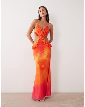 Wanderdoll Lola Halterneck Ruffle Cut Out Detail Maxi Dress - Red