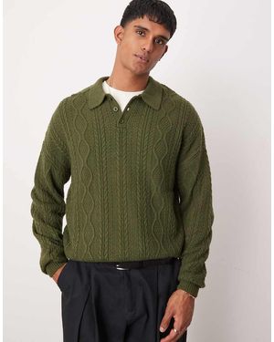 ASOS Maglione Stile Polo Kaki Comodo Lavorato A Trecce - Verde