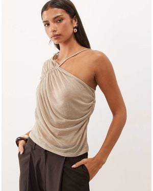 ASOS Semi Sheer Knit Look One Shoulder Top With Ruching - Natural