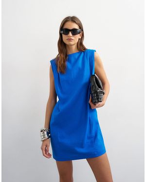 TOPSHOP Linen Rich Exaggerated Shoulder Mini Dress - Blue