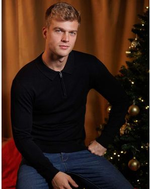 French Connection 1/2 Zip Long Sleeve Polo Shirt - Blue