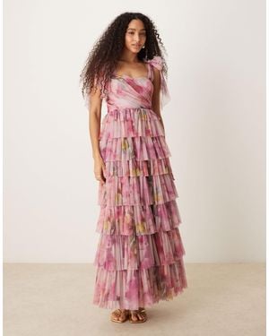 LACE & BEADS Bow Shoulder Tiered Tulle Maxi Dress - Pink