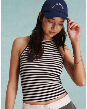 Miss Selfridge Top A Righe Bianche E Nere A Coste Con Scollo A Vogatore - Blu