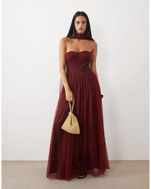 LACE & BEADS Tulle Corset Bandeau Scarf Detail Maxi Dress - Red