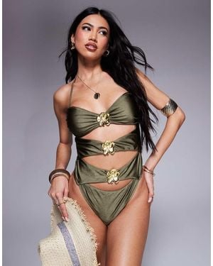 Candypants Costume Da Bagno Oliva Con Fiori Dorati - Marrone