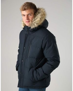 French Connection Faux Fur Hooded Padded Parka Mid-Length Jacket - Blue