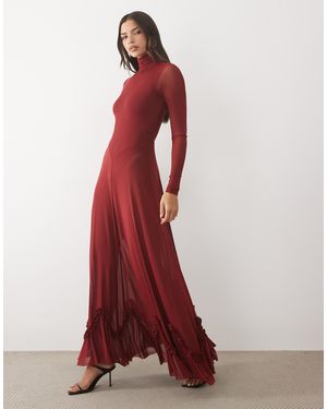 AFRM Kiva Mesh With Bodysuit Lining Open Back Ruffle Hem Detail Maxi Dress - Red