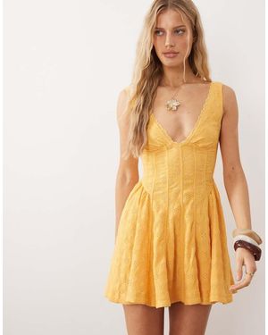Free People V Neck Corset Style Mini Dress - Yellow