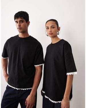 Sister Jane Unisex Contrast Frill Trim Oversized Cotton T-shirt - Black