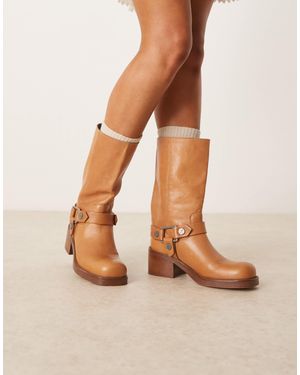 ASOS Colton Premium Leather Harness Trucker Knee Boots - Natural