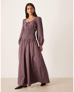 Glamorous Round Neck Drop Waist Maxi Dress With Puff Sleeve - Purple