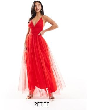 LACE & BEADS Cross Back Tulle Maxi Dress - Red