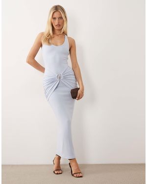 Ruched & Ready Halterneck Scoop Neck Gathered Waist Metal Hardware Detail Maxi Dress - White