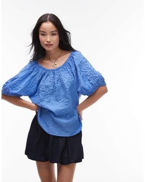 & Other Stories Textured Blouse With Puff Sleeves And Keyhole Tie Back - Blue