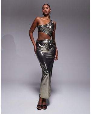 JLUXLABEL Joce Stretch Metallic One Shoulder Knot Detail Cut Out Maxi Dress - Gray