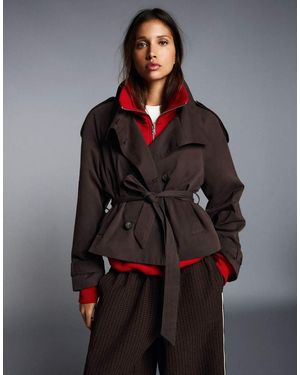 Bershka Funnel Neck Trench Jacket - Brown