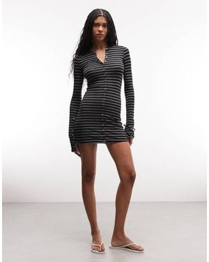 Weekday Vestito Corto A Maniche Lunghe E Grigio A Righe Con Bottoni A Pressione - Nero
