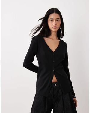 Calvin Klein Long Sleeve Rib Button Front Top - Black