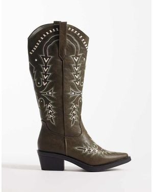 Glamorous Stivali Stile Western Al Ginocchio Kaki Ricamati - Verde