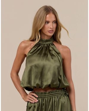Wanderdoll Summa satin-top mit hohem hals und neckholder-träger, bubble-saum, kombiteil - Grün