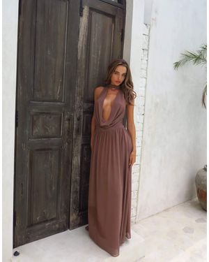 Aria Cove Plunge Cowl Neck Wrap Scarf Detail Maxi Dress - Brown