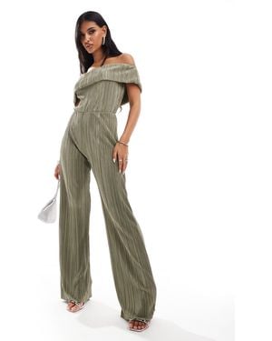 ASOS Plisse Bardot Wide Leg Jumpsuit - Green