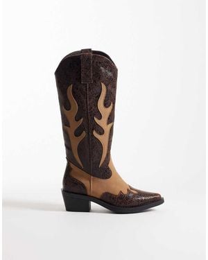 Glamorous Stivali Al Ginocchio Stile Western Neri E Color Cuoio - Marrone