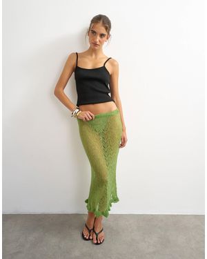 TOPSHOP Gestrickter midirock mit rüschen am saum und pointelle-struktur - Grün