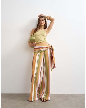 TOPSHOP Stripe Plisse Wrap Scarf Detail Trousers - White