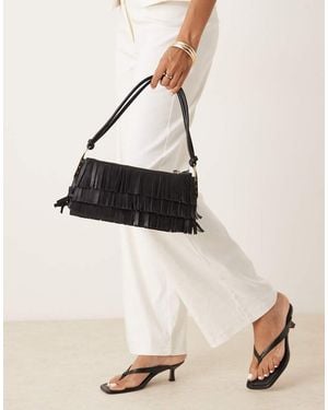Mango Leather Fringed Hand Bag With Gold Accents - Natural