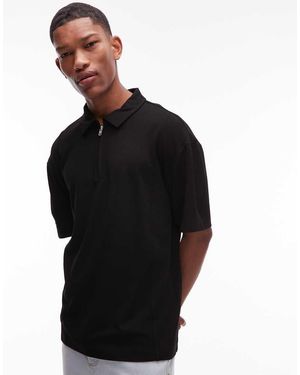 TOPMAN Premium Relaxed Fit Polo With Zip Placket - Black