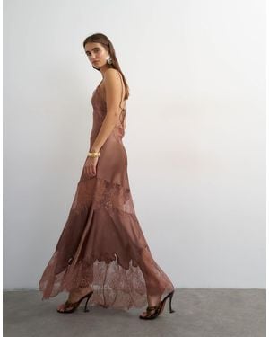 TOPSHOP Satin V Neck Maxi Slip Dress With Lace Inserts - Brown