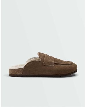Oysho Warm-lined Suede Clog - Brown