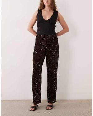 Pieces Wide Leg Velour Sequin Trousers - Black