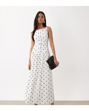 Kaiia Exclusive High Square Neck Button Through Drop Waist Satin Maxi Dress - White