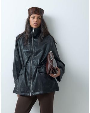 ASOS Cinched Waist Leather Look Harrington Jacket - Gray