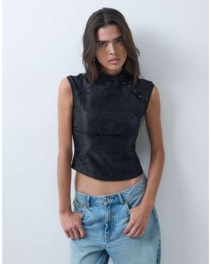Motel Hanna Jacquard Top With Asymm Button Detail - Blue