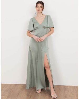 Maya V Neck Angel Sleeve Satin Maxi Dress - Green