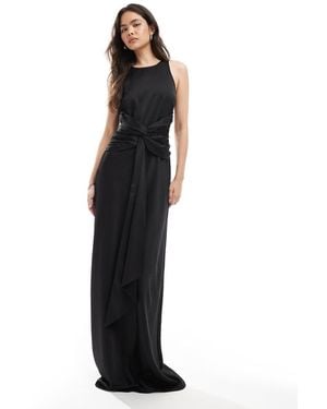 Six Stories Bridesmaid Knot Front Drape Satin Maxi Dress - Black