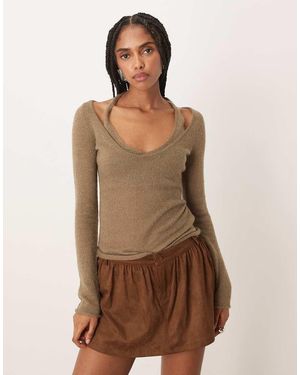 Motel Misora Sheer Knit Long Sleeve Halter Top - Brown