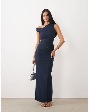 Vesper Bengaline Asymmetric Off Shoulder Ruched Front Maxi Dress - Blue