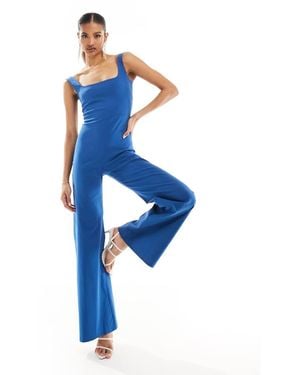 Vesper Bengaline Square Neck Wide Leg Jumpsuit - Blue