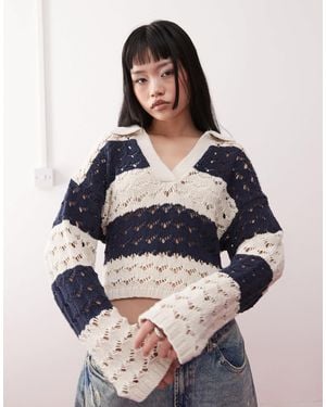 Monki Open Stitch Knitted Polo - Blue